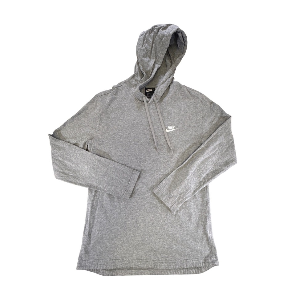 Nike Mens Long Sleeve Hoodie Heather Grey Cotton Jersey Pullover Medium Logo
